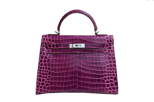 Hermes Kelly 32cm Shoulder Bag Purple Croco Patent Leather K32 Silver