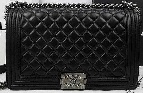 Boy Chanel Flap Bags Original Black Sheepskin Leather A67088 Silver