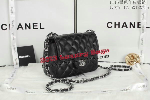 Chanel Classic MINI Flap Bag Black Sheepskin Leather A1115 Silver Chanel Classic MINI Flap Bag Black Sheepskin Leather A1115 Silver