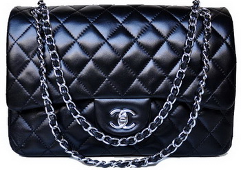 Chanel Jumbo Quilted Classic Black Sheepskin Flap Bag A58600 Silver Chanel Jumbo Quilted Classic Black Sheepskin Flap Bag A58600 Silver