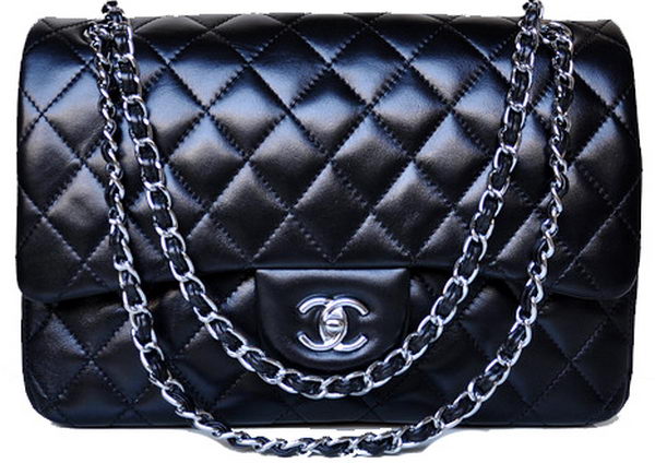 Chanel Jumbo Quilted Classic Black Sheepskin Flap Bag A58600 Silver