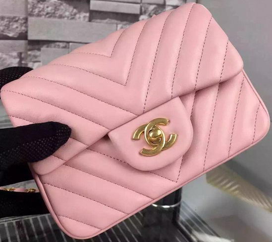Chanel Classic mini Flap Bag Chevron Sheepskin Leather A68748 Pink