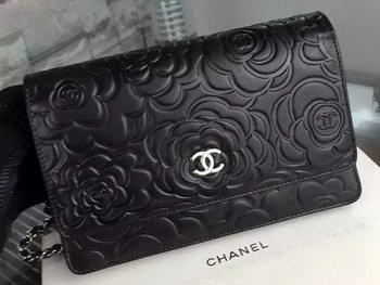 Chanel WOC Flap Bag Original Black Camellia Leather A5373 Silver Chanel WOC Flap Bag Original Black Camellia Leather A5373 Silver