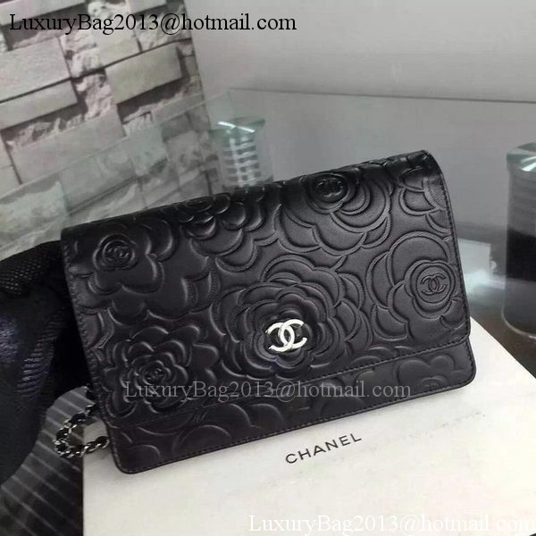 Chanel WOC Flap Bag Original Black Camellia Leather A5373 Silver Chanel WOC Flap Bag Original Black Camellia Leather A5373 Silver