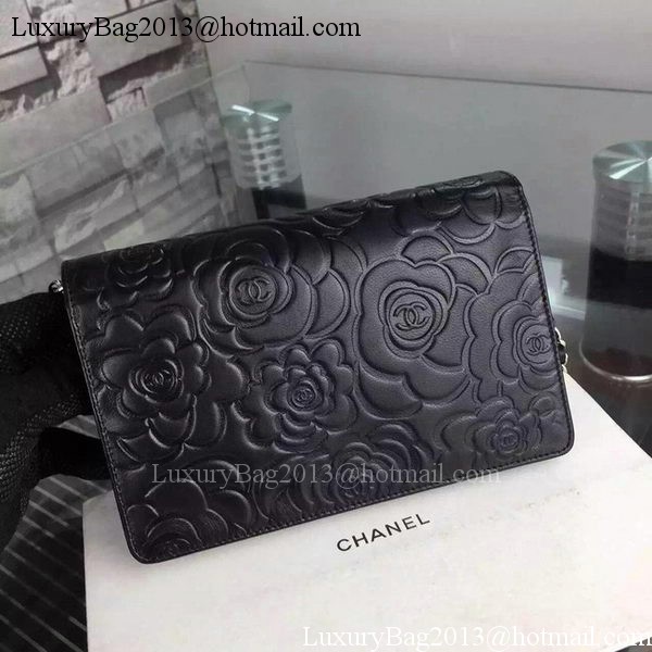 Chanel WOC Flap Bag Original Black Camellia Leather A5373 Silver Chanel WOC Flap Bag Original Black Camellia Leather A5373 Silver