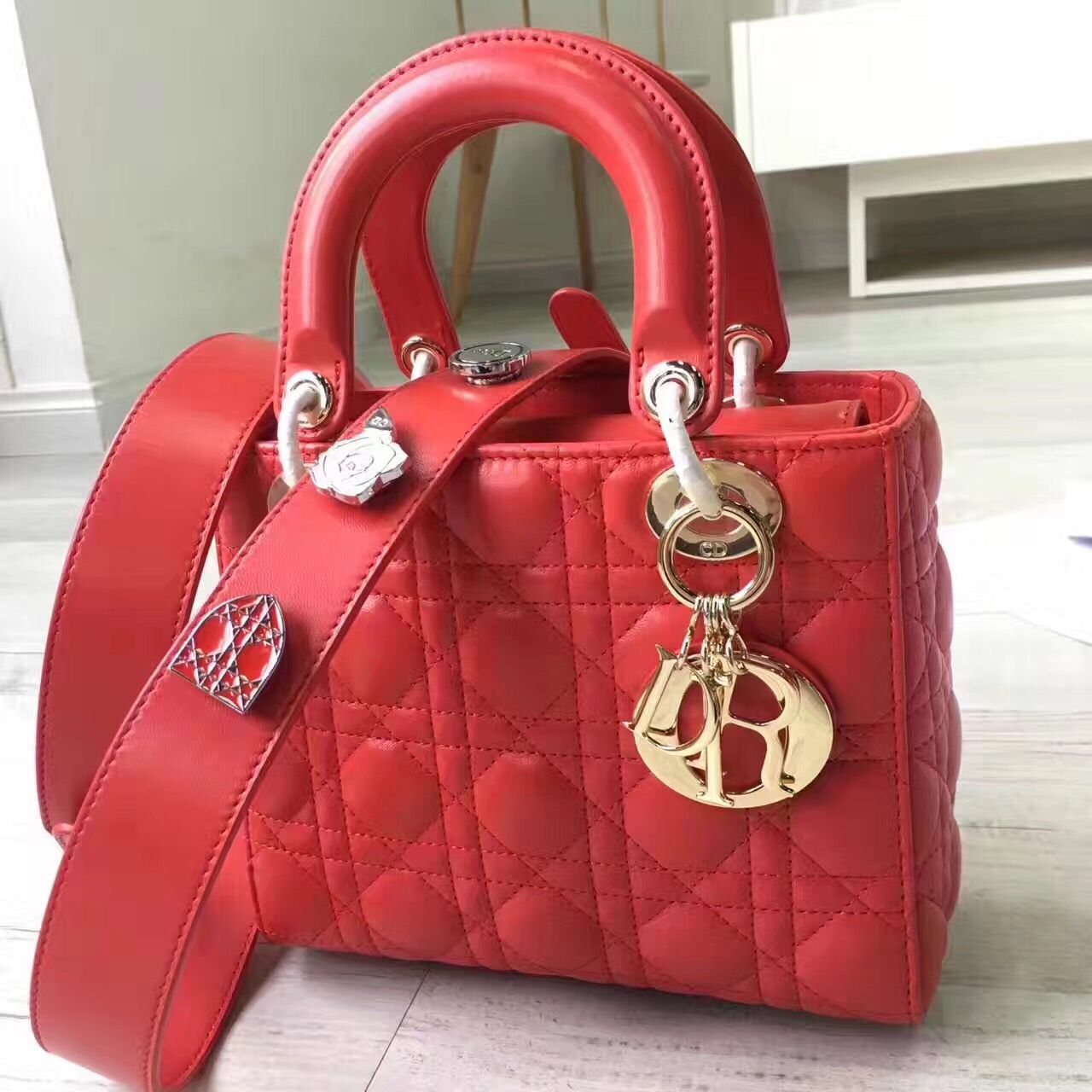 Dior Lady Bag Original Sheepskin Leather D6355 Red Dior Lady Bag Original Sheepskin Leather D6355 Red