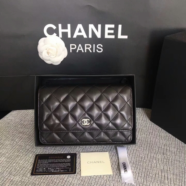 Chanel WOC Flap Bag Black Original Sheepskin Leather 33814 Silver Chanel WOC Flap Bag Black Original Sheepskin Leather 33814 Silver