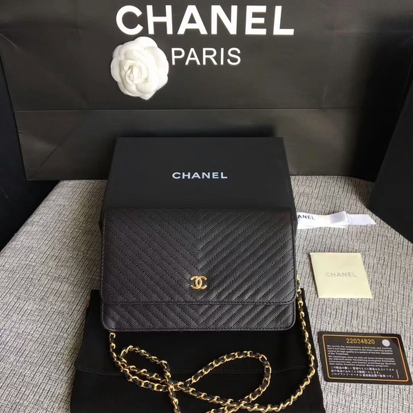 Chanel WOC Flap Shoulder Bag Black Calfskin A33814 Gold Chanel WOC Flap Shoulder Bag Black Calfskin A33814 Gold