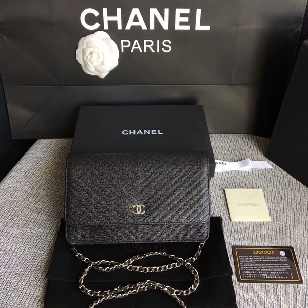 Chanel WOC Flap Shoulder Bag Black Calfskin A33814 Silver Chanel WOC Flap Shoulder Bag Black Calfskin A33814 Silver