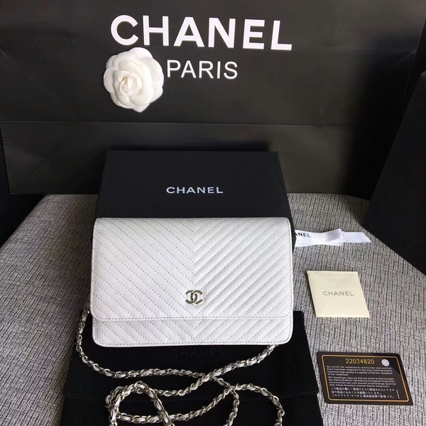Chanel WOC Flap Shoulder Bag White Calfskin A33814 Silver Chanel WOC Flap Shoulder Bag White Calfskin A33814 Silver