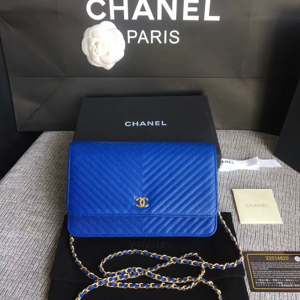 Chanel WOC Flap Shoulder Bag Blue Calfskin Leather A33814 Gold Chanel WOC Flap Shoulder Bag Blue Calfskin Leather A33814 Gold