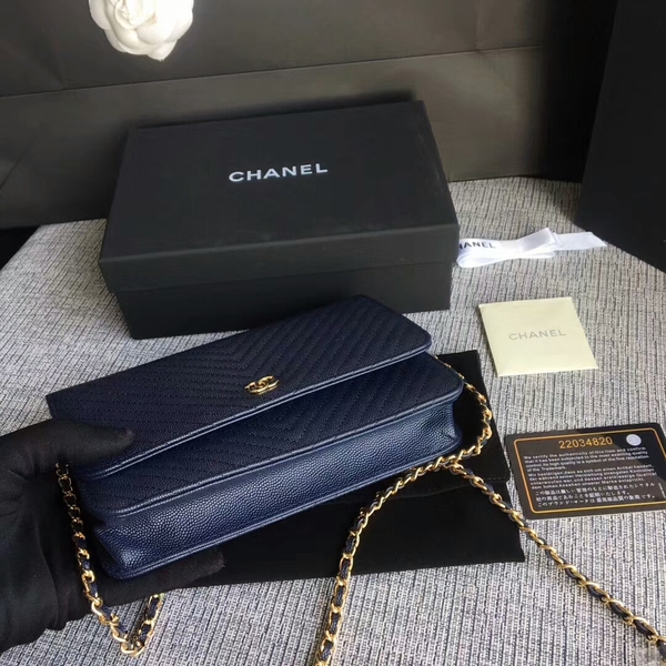 Chanel WOC Flap Shoulder Bag Dark Blue Calfskin Leather A33814 Gold Chanel WOC Flap Shoulder Bag Dark Blue Calfskin Leather A33814 Gold