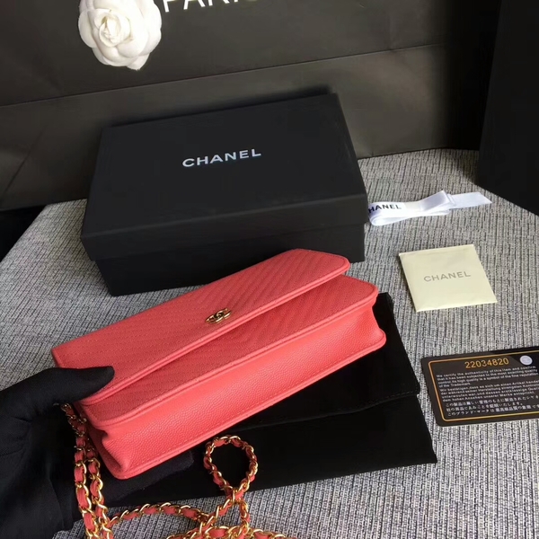 Chanel WOC Flap Shoulder Bag Peach Calfskin Leather A33814 Gold Chanel WOC Flap Shoulder Bag Peach Calfskin Leather A33814 Gold