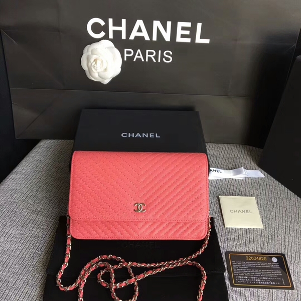 Chanel WOC Flap Shoulder Bag Peach Calfskin Leather A33814 Silver Chanel WOC Flap Shoulder Bag Peach Calfskin Leather A33814 Silver