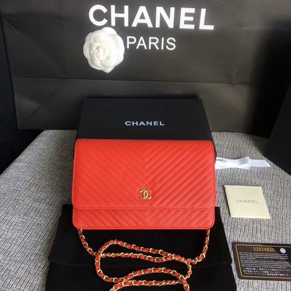 Chanel WOC Flap Shoulder Bag Red Calfskin Leather A33814 Gold Chanel WOC Flap Shoulder Bag Red Calfskin Leather A33814 Gold