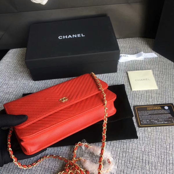 Chanel WOC Flap Shoulder Bag Red Calfskin Leather A33814 Gold Chanel WOC Flap Shoulder Bag Red Calfskin Leather A33814 Gold