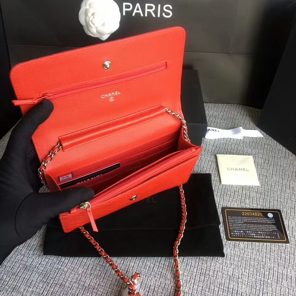 Chanel WOC Flap Shoulder Bag Red Calfskin Leather A33814 Silver Chanel WOC Flap Shoulder Bag Red Calfskin Leather A33814 Silver