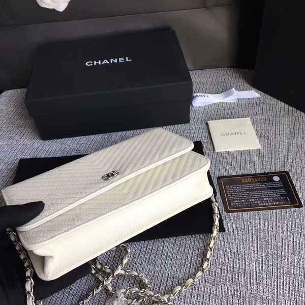 Chanel WOC Flap Shoulder Bag Offwhite Calfskin Leather A33814 Silver Chanel WOC Flap Shoulder Bag Offwhite Calfskin Leather A33814 Silver
