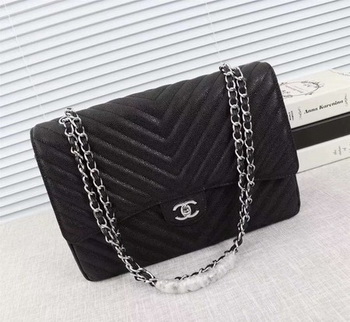 Chanel Maxi Quilted Classic Flap Bag Black Chevron Cannage Pattern A58601 Silver Chanel Maxi Quilted Classic Flap Bag Black Chevron Cannage Pattern A58601 Silver