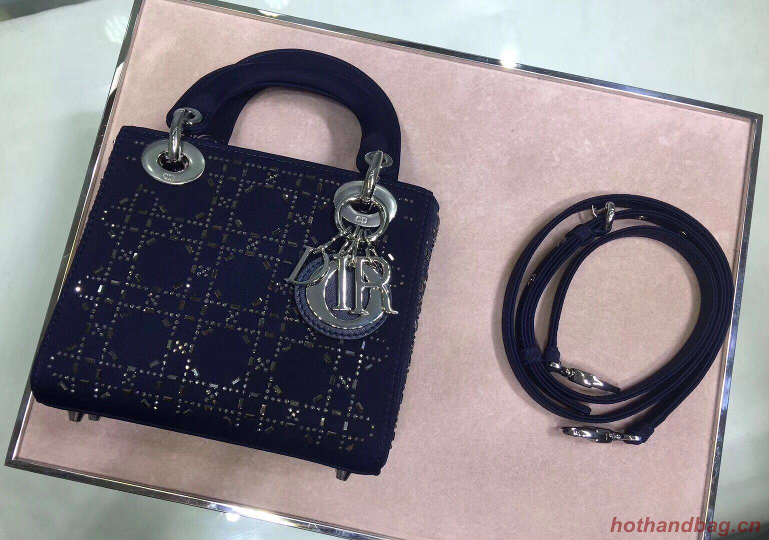 Dior Lady Original Silk Satin-Encrusted Satchel Bag 2369 Navy Dior Lady Original Silk Satin-Encrusted Satchel Bag 2369 Navy
