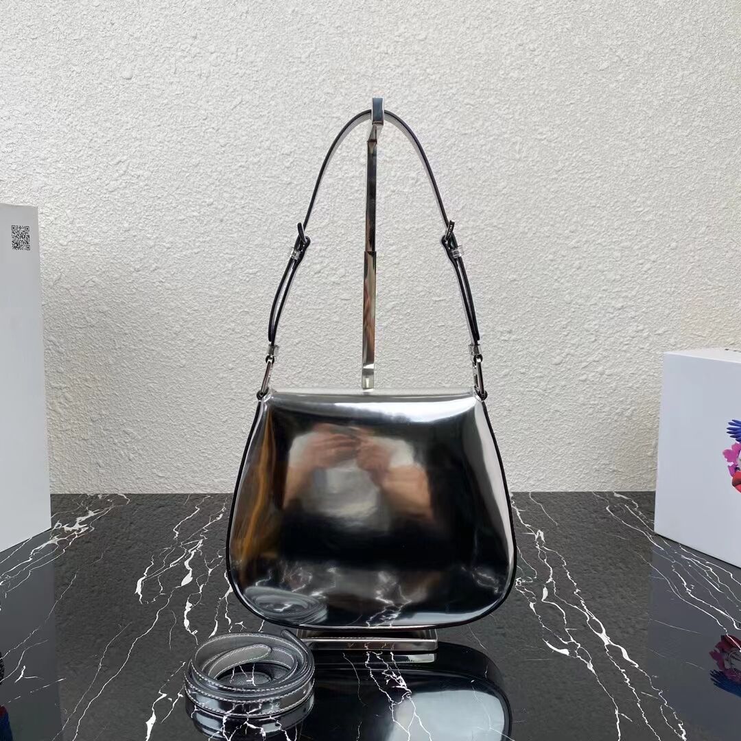 Prada Cleo brushed leather shoulder bag with flap 1BH2755 silver Prada Cleo brushed leather shoulder bag with flap 1BH2755 silver