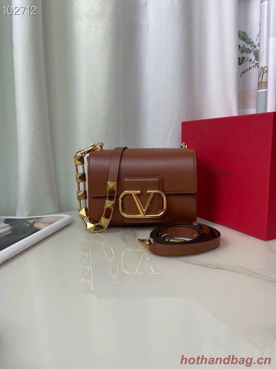 VALENTINO GARAVANI Stud Sign Grained Calfskin Shoulder Bag V0196 brown VALENTINO GARAVANI Stud Sign Grained Calfskin Shoulder Bag V0196 brown