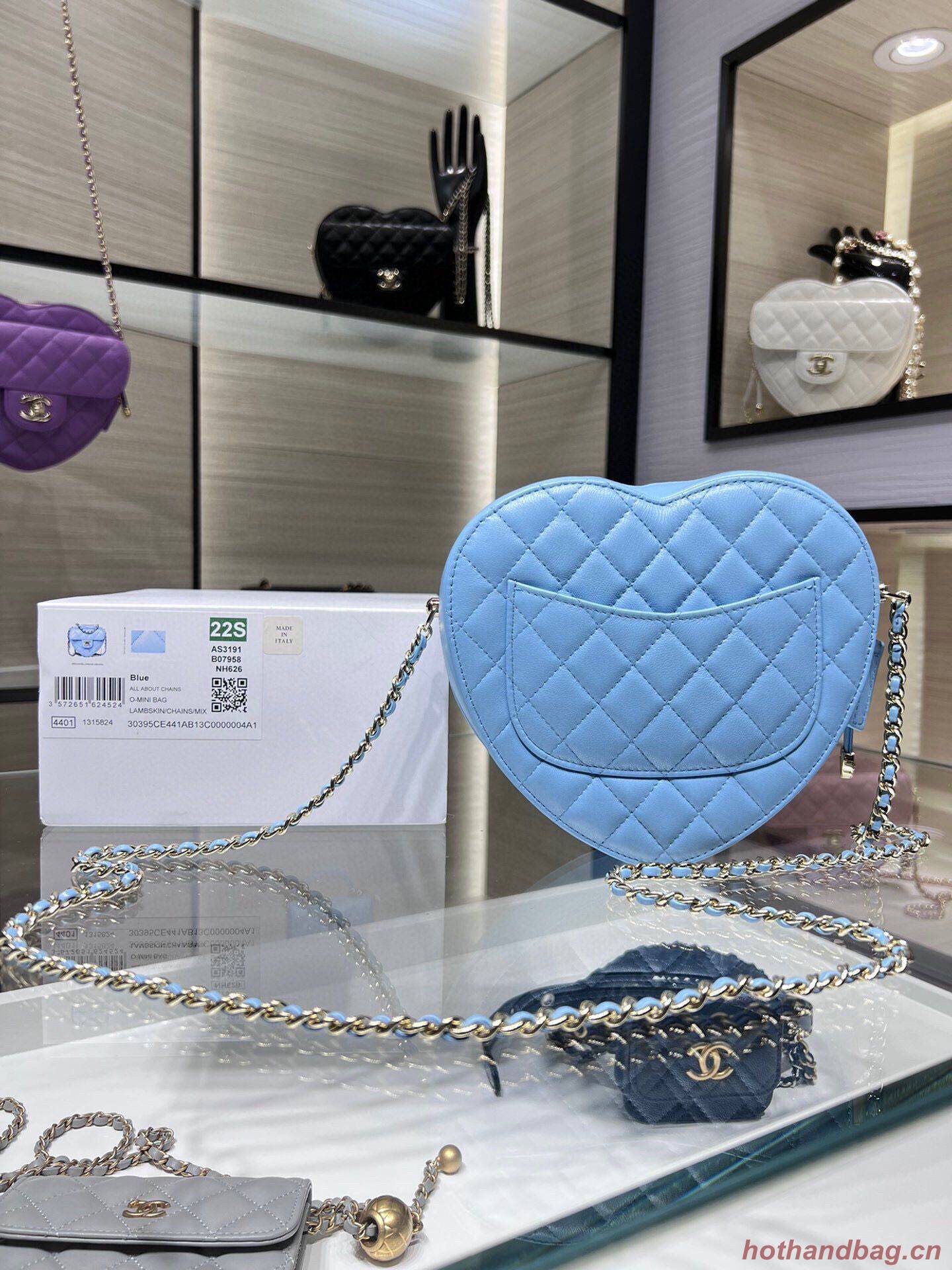 Chanel 2022S Love Heart Original Lambskin Crossbody Chain Bag AS3191Y Blue Chanel 2022S Love Heart Original Lambskin Crossbody Chain Bag AS3191Y Blue