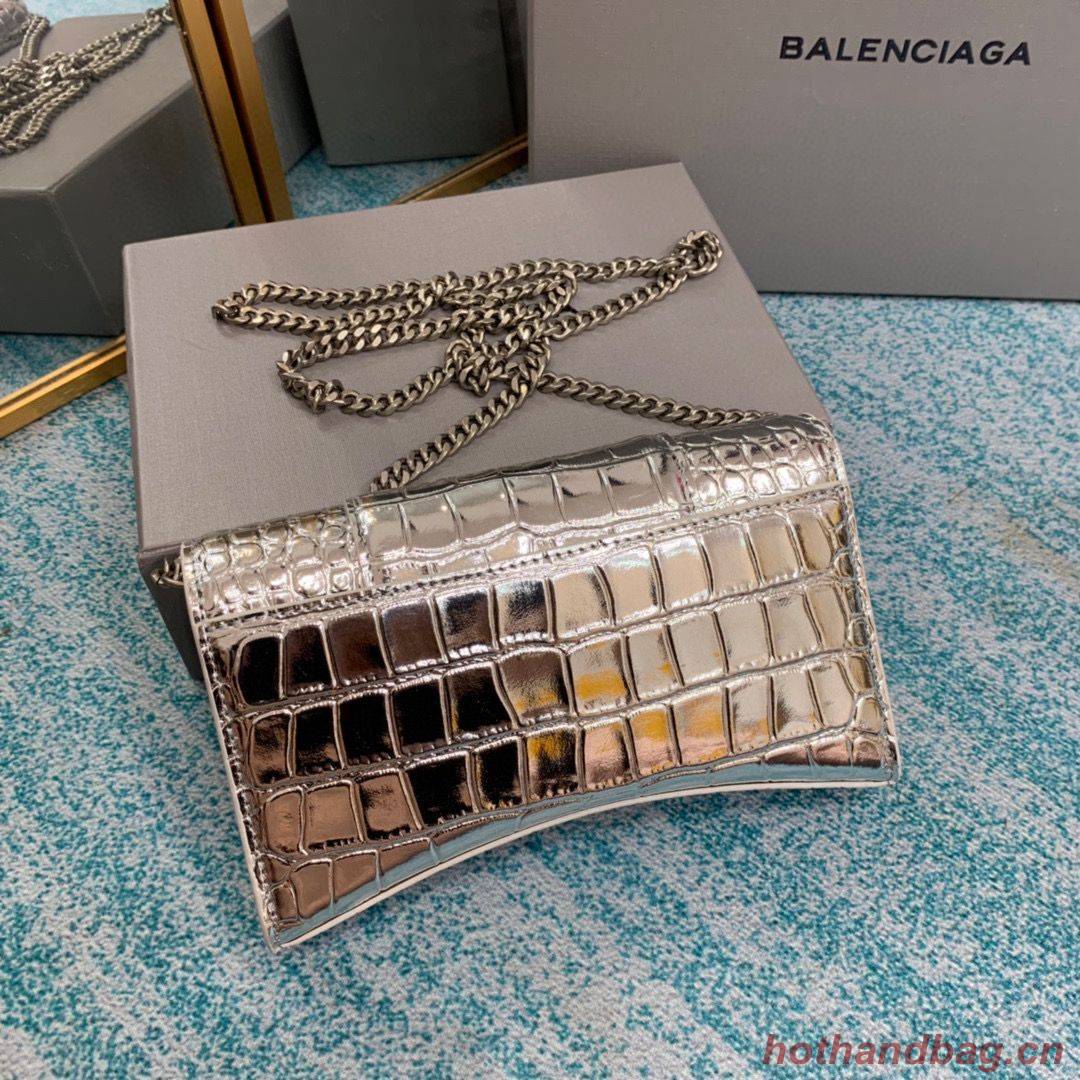 Balenciaga HOURGLASS Wallet With Chain Crocodile Embossed 656050 Silver Balenciaga HOURGLASS Wallet With Chain Crocodile Embossed 656050 Silver
