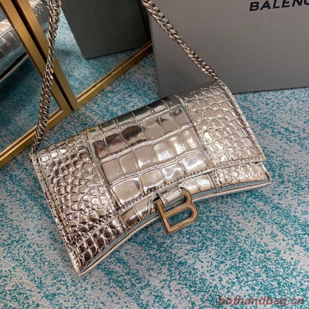 Balenciaga HOURGLASS Wallet With Chain Crocodile Embossed 656050 Silver Balenciaga HOURGLASS Wallet With Chain Crocodile Embossed 656050 Silver