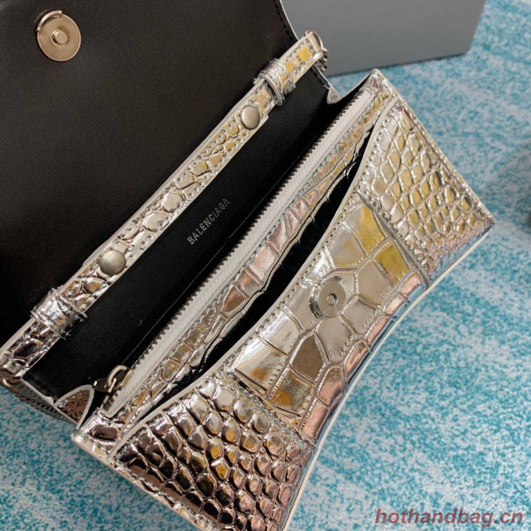 Balenciaga HOURGLASS Wallet With Chain Crocodile Embossed 656050 Silver Balenciaga HOURGLASS Wallet With Chain Crocodile Embossed 656050 Silver