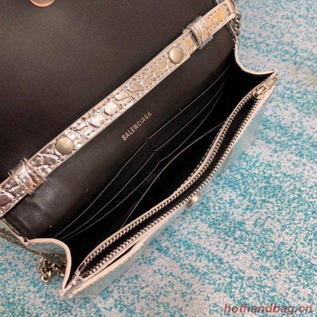 Balenciaga HOURGLASS Wallet With Chain Crocodile Embossed 656050 Silver Balenciaga HOURGLASS Wallet With Chain Crocodile Embossed 656050 Silver