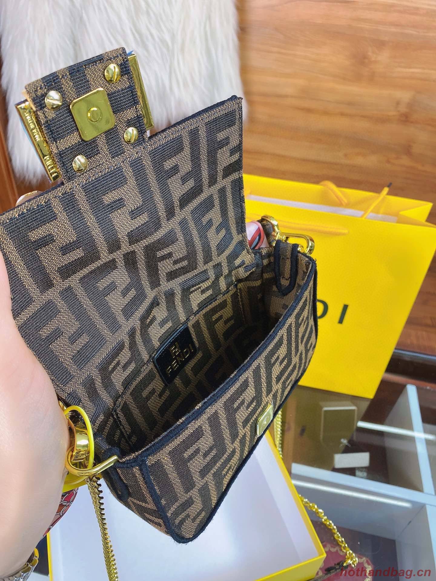 FENDI MINI BAGUETTE CHAIN FF fabric bag 8852 brown FENDI MINI BAGUETTE CHAIN FF fabric bag 8852 brown