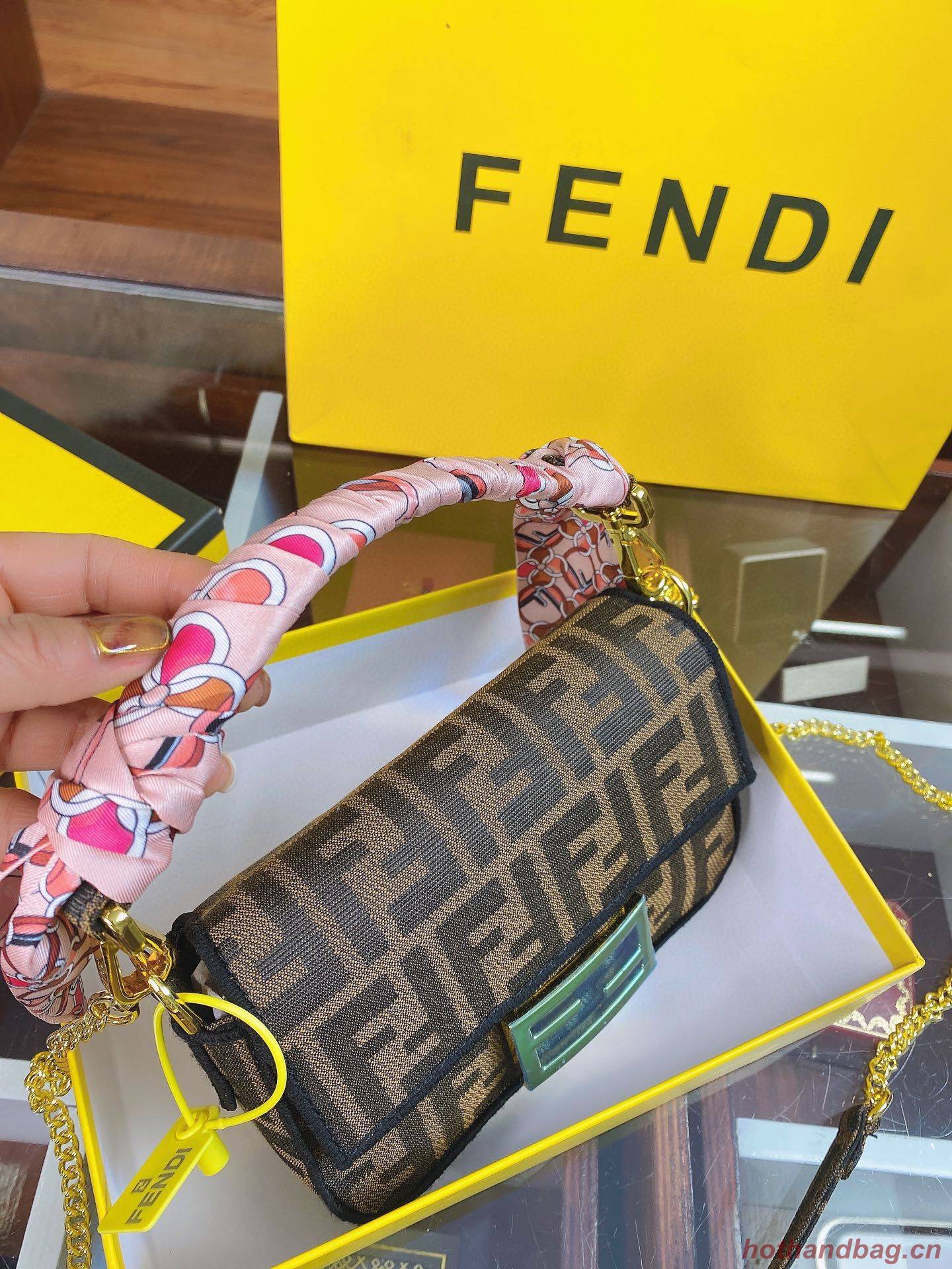 FENDI MINI BAGUETTE CHAIN FF fabric bag 8852 brown FENDI MINI BAGUETTE CHAIN FF fabric bag 8852 brown