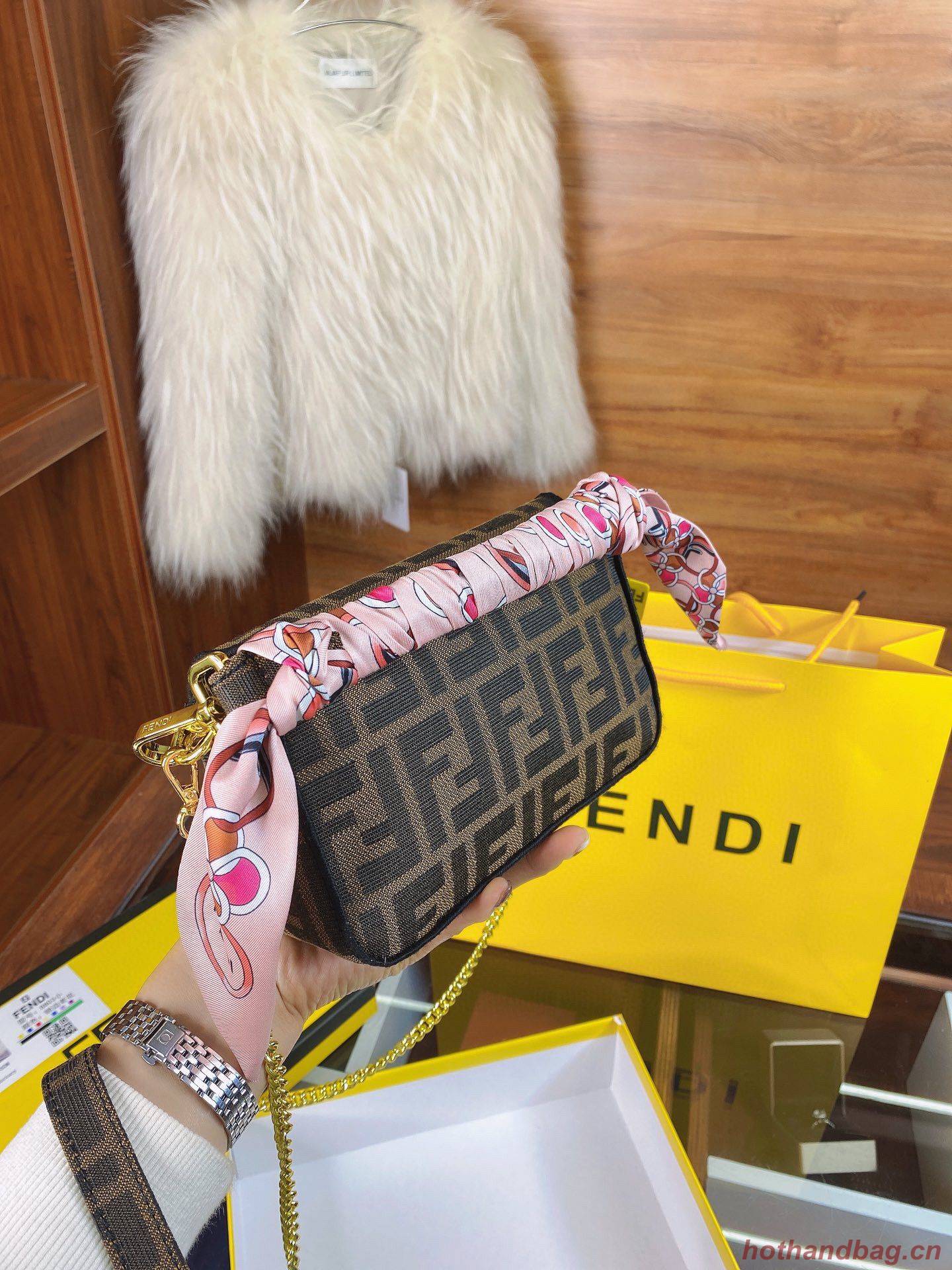 FENDI MINI BAGUETTE CHAIN FF fabric bag 8852 brown FENDI MINI BAGUETTE CHAIN FF fabric bag 8852 brown