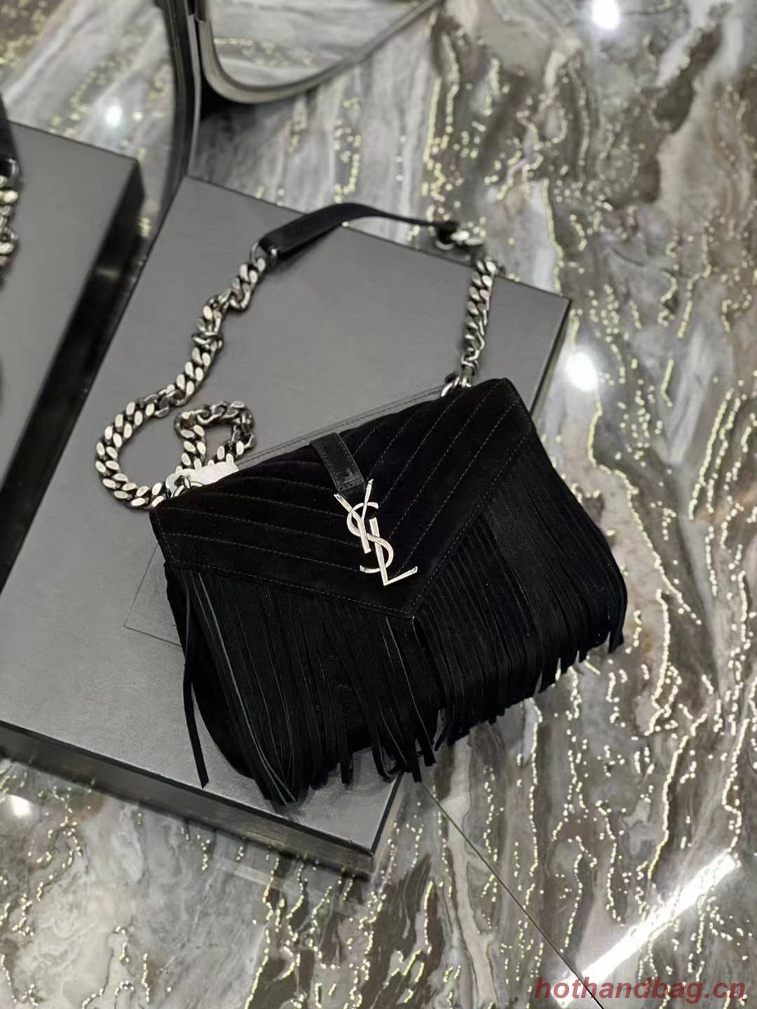 SAINT LAURENT COLLEGE MEDIUM CHAIN BAG IN LIGHT SUEDE WITH FRINGES 5317050 black SAINT LAURENT COLLEGE MEDIUM CHAIN BAG IN LIGHT SUEDE WITH FRINGES 5317050 black
