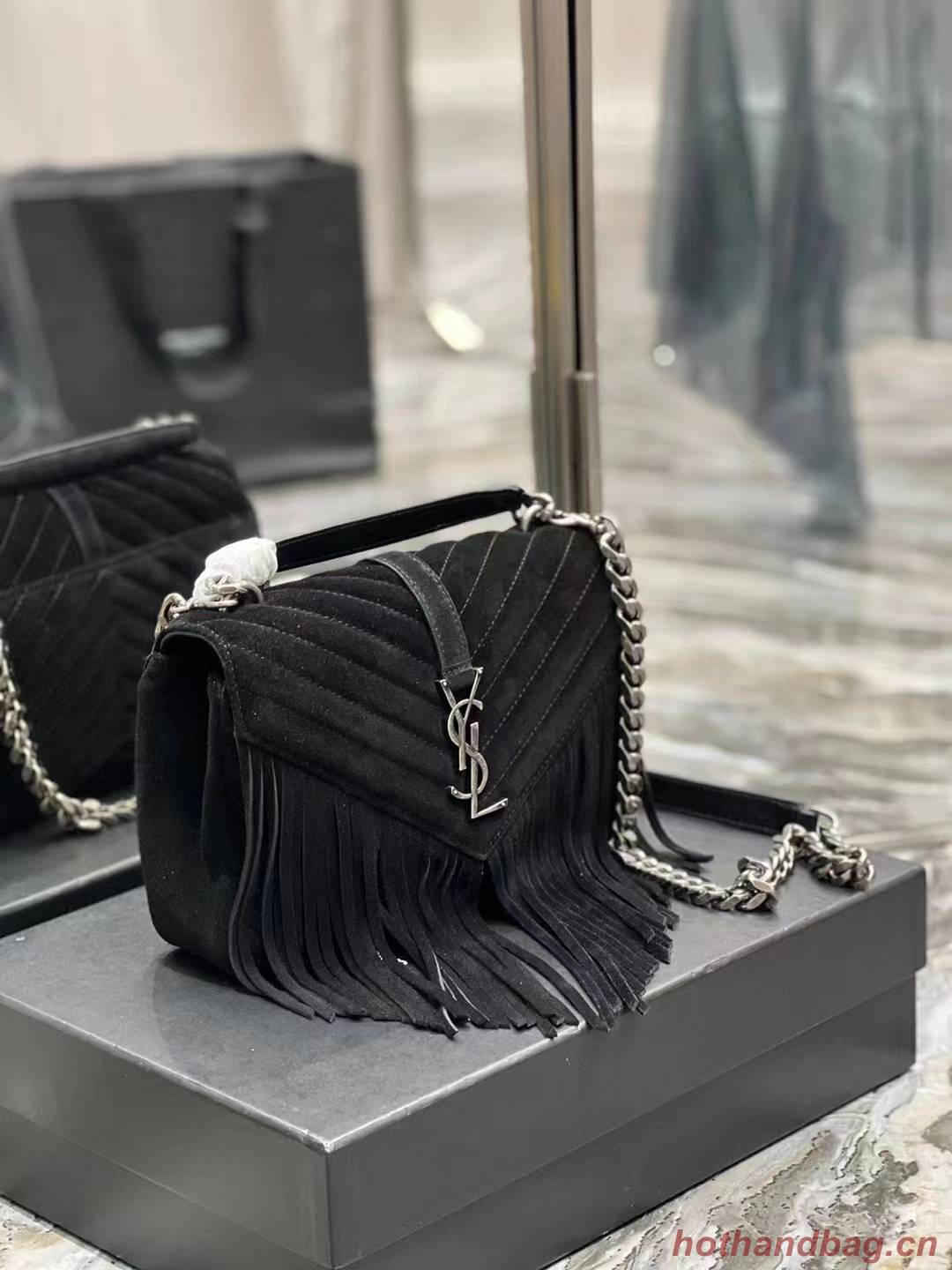 SAINT LAURENT COLLEGE MEDIUM CHAIN BAG IN LIGHT SUEDE WITH FRINGES 5317050 black SAINT LAURENT COLLEGE MEDIUM CHAIN BAG IN LIGHT SUEDE WITH FRINGES 5317050 black