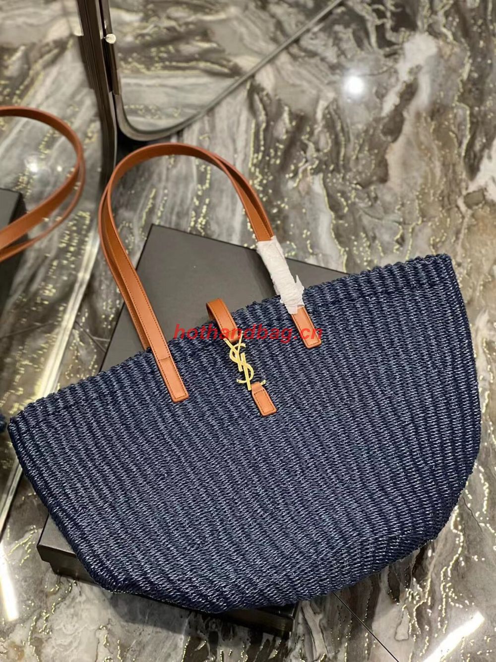 SAINT LAURENT PANIER MEDIUM BAG IN CROCHET RAFFIA AND SMOOTH LEATHER 688221 dark blue SAINT LAURENT PANIER MEDIUM BAG IN CROCHET RAFFIA AND SMOOTH LEATHER 688221 dark blue