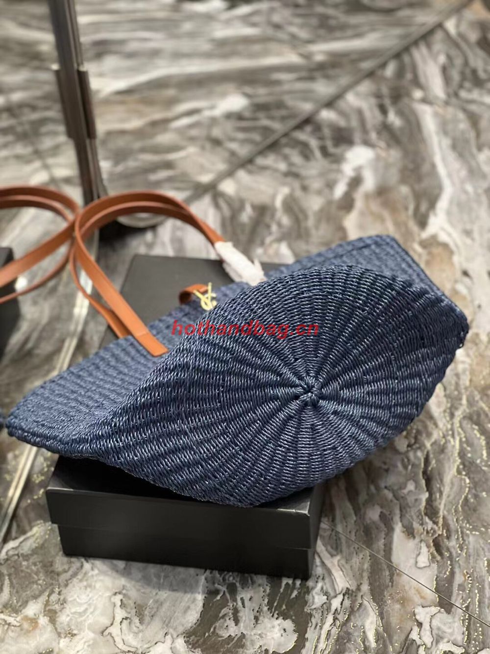 SAINT LAURENT PANIER MEDIUM BAG IN CROCHET RAFFIA AND SMOOTH LEATHER 688221 dark blue SAINT LAURENT PANIER MEDIUM BAG IN CROCHET RAFFIA AND SMOOTH LEATHER 688221 dark blue