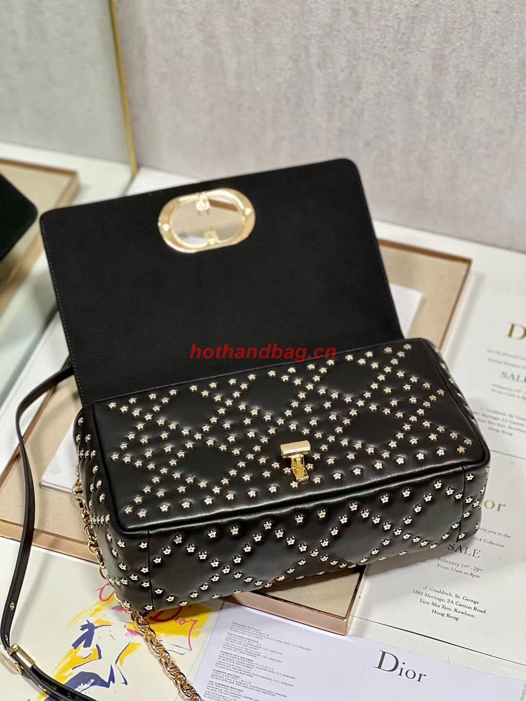 DIOR CARO MACROCANNAGE POUCH Macrocannage Calfskin with Star Motif C3136 black&gold DIOR CARO MACROCANNAGE POUCH Macrocannage Calfskin with Star Motif C3136 black&gold