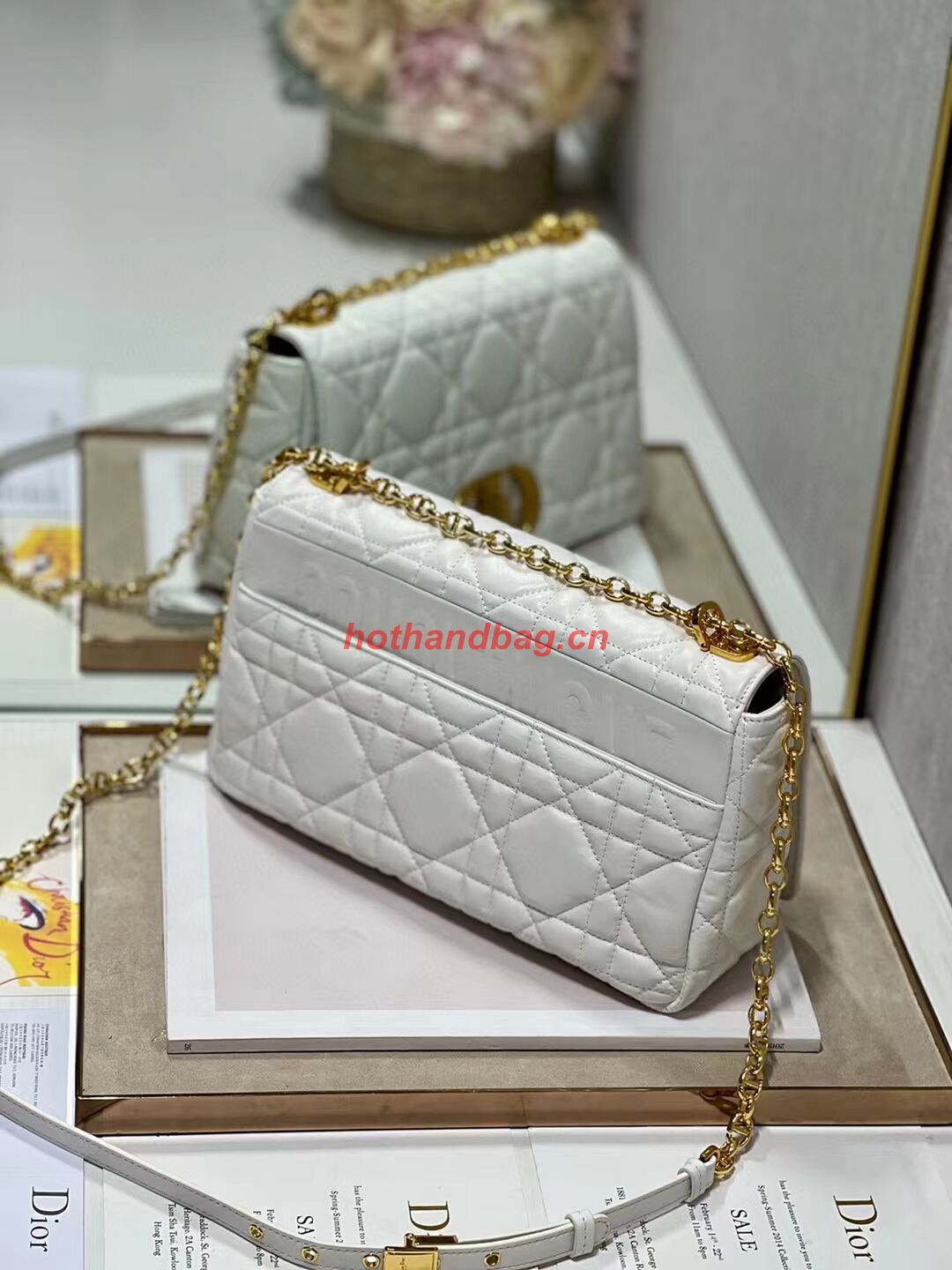 LARGE DIOR CARO BAG Supple Cannage Calfskin C3155 white&gold LARGE DIOR CARO BAG Supple Cannage Calfskin C3155 white&gold