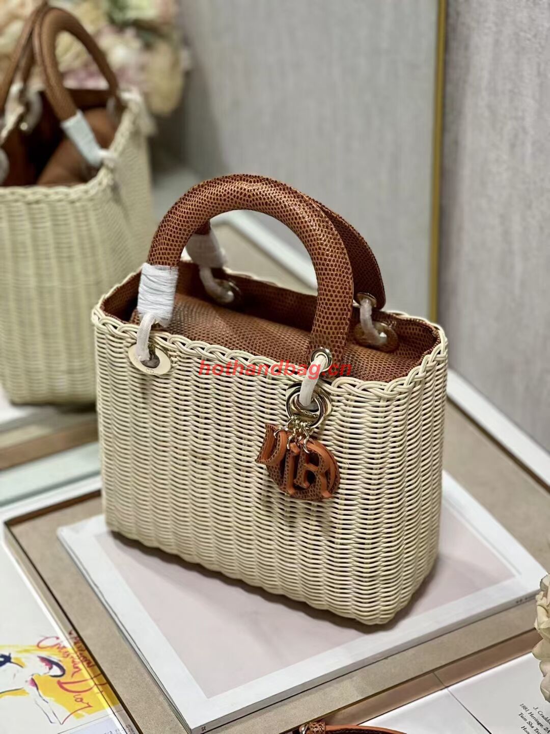 MEDIUM LADY DIOR BAG Natural Wicker and Brown Lizard skin M0565 MEDIUM LADY DIOR BAG Natural Wicker and Brown Lizard skin M0565