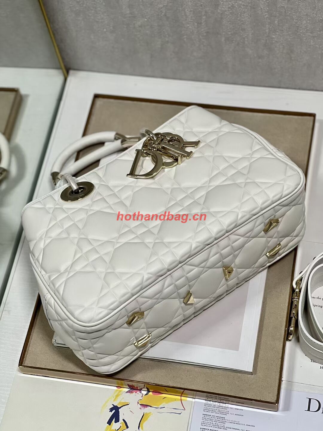 LADY DIOR TOP HANDLE MEDIUM BAG Latte Cannage Lambskin C9226 WHITE&GOLD LADY DIOR TOP HANDLE MEDIUM BAG Latte Cannage Lambskin C9226 WHITE&GOLD