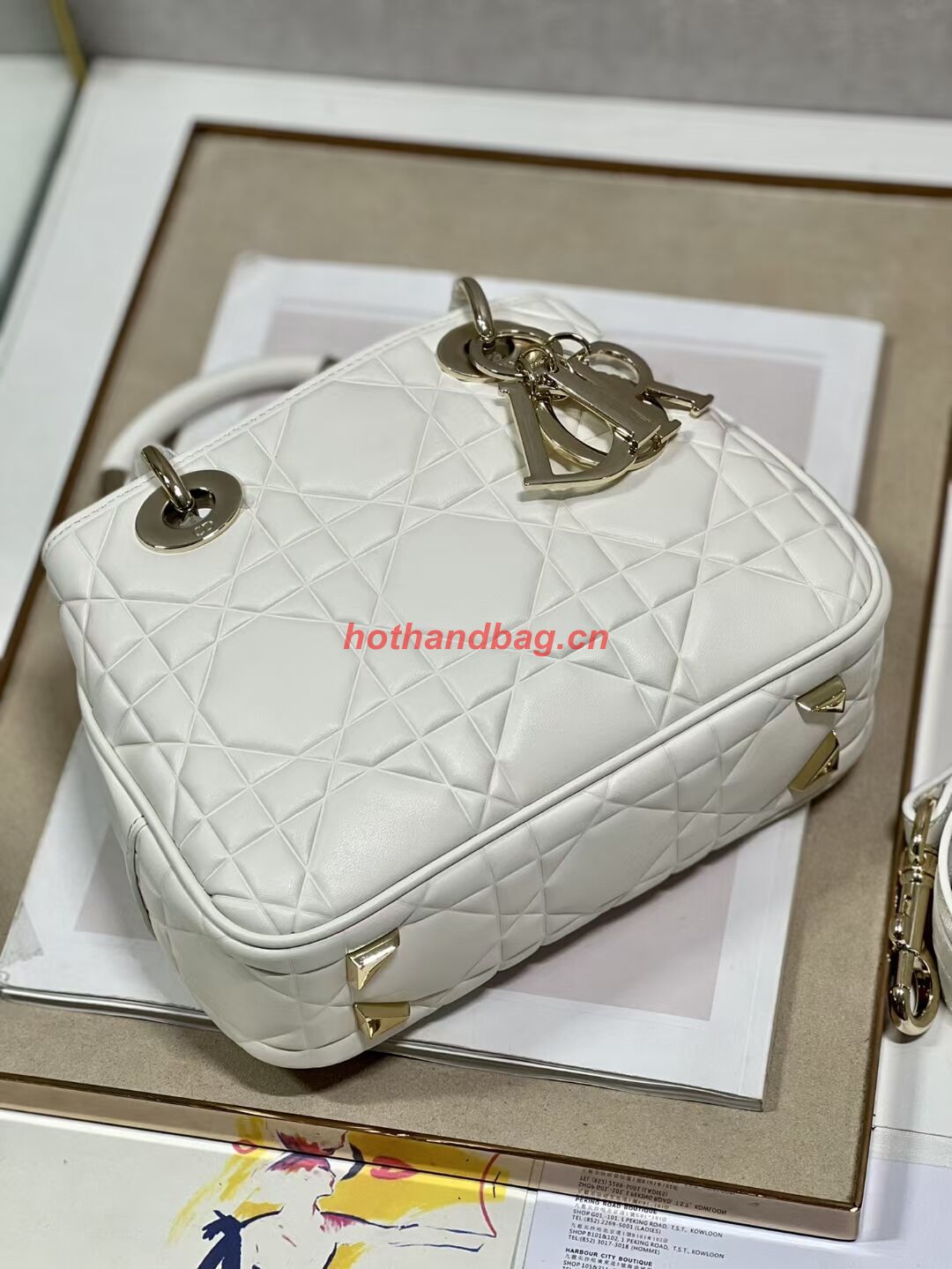 LADY DIOR TOP HANDLE SMALL BAG Latte Cannage Lambskin C9228 WHITE&GOLD LADY DIOR TOP HANDLE SMALL BAG Latte Cannage Lambskin C9228 WHITE&GOLD