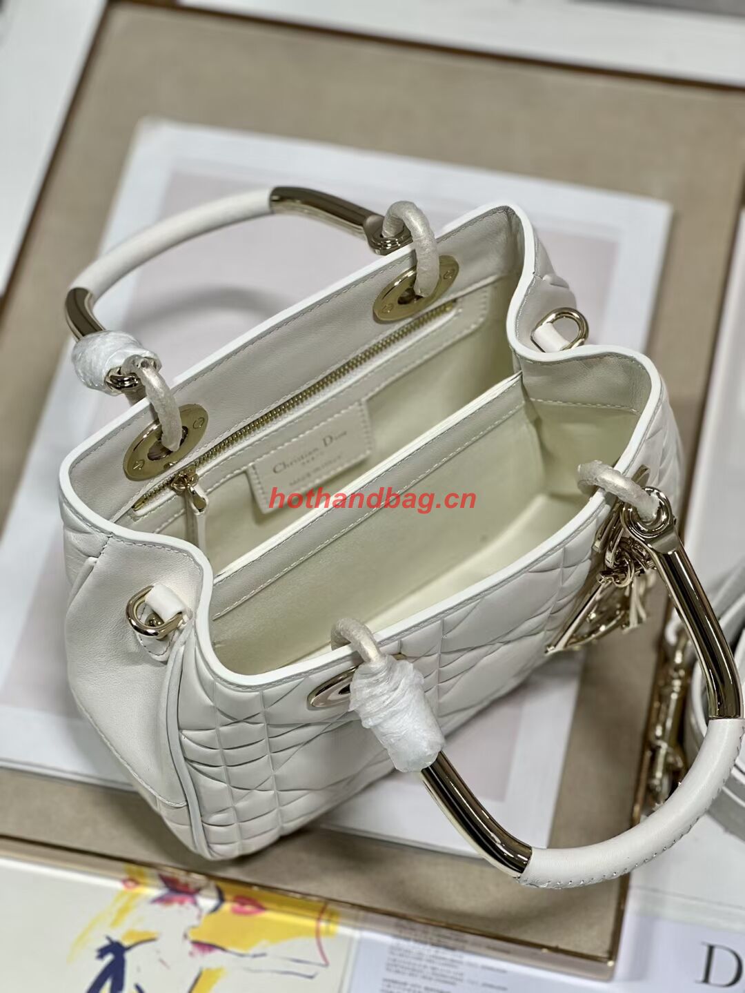 LADY DIOR TOP HANDLE SMALL BAG Latte Cannage Lambskin C9228 WHITE&GOLD LADY DIOR TOP HANDLE SMALL BAG Latte Cannage Lambskin C9228 WHITE&GOLD