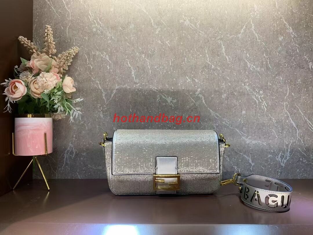 Fendi Baguette crystals and leather bag B0961 silvery Fendi Baguette crystals and leather bag B0961 silvery