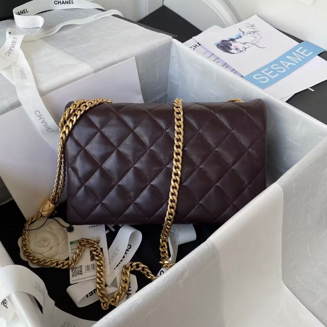CHANEL FLAP BAG Lambskin & Gold-Tone Metal AS3609 Dark Brown CHANEL FLAP BAG Lambskin & Gold-Tone Metal AS3609 Dark Brown