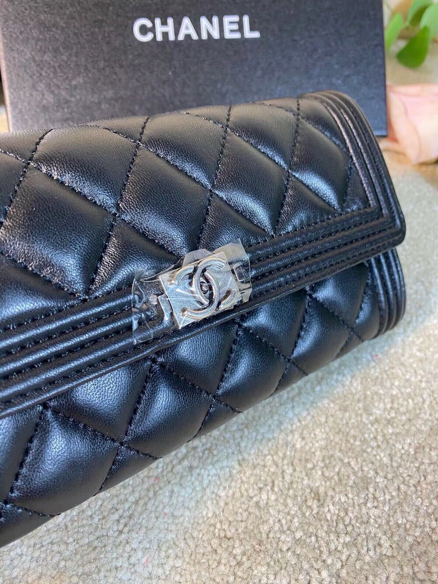 Chanel Boy Matelasse Long Wallet Black Sheepskin CHA5263 Silver