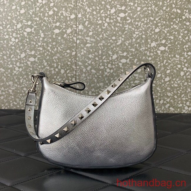 VALENTINO Rockstud calfskin small HOBO bag AG098 silver