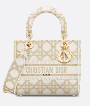 Medium Lady D-Lite Bag White and Gold-Tone Macrocannage Embroidery M0565O Medium Lady D-Lite Bag White and Gold-Tone Macrocannage Embroidery M0565O