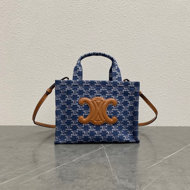 Celine SMALL CABAS THAIS IN DENIM WITH TRIOMPHE ALL-OVER EMBROIDERY AND CALFSKIN 199162 NAVY